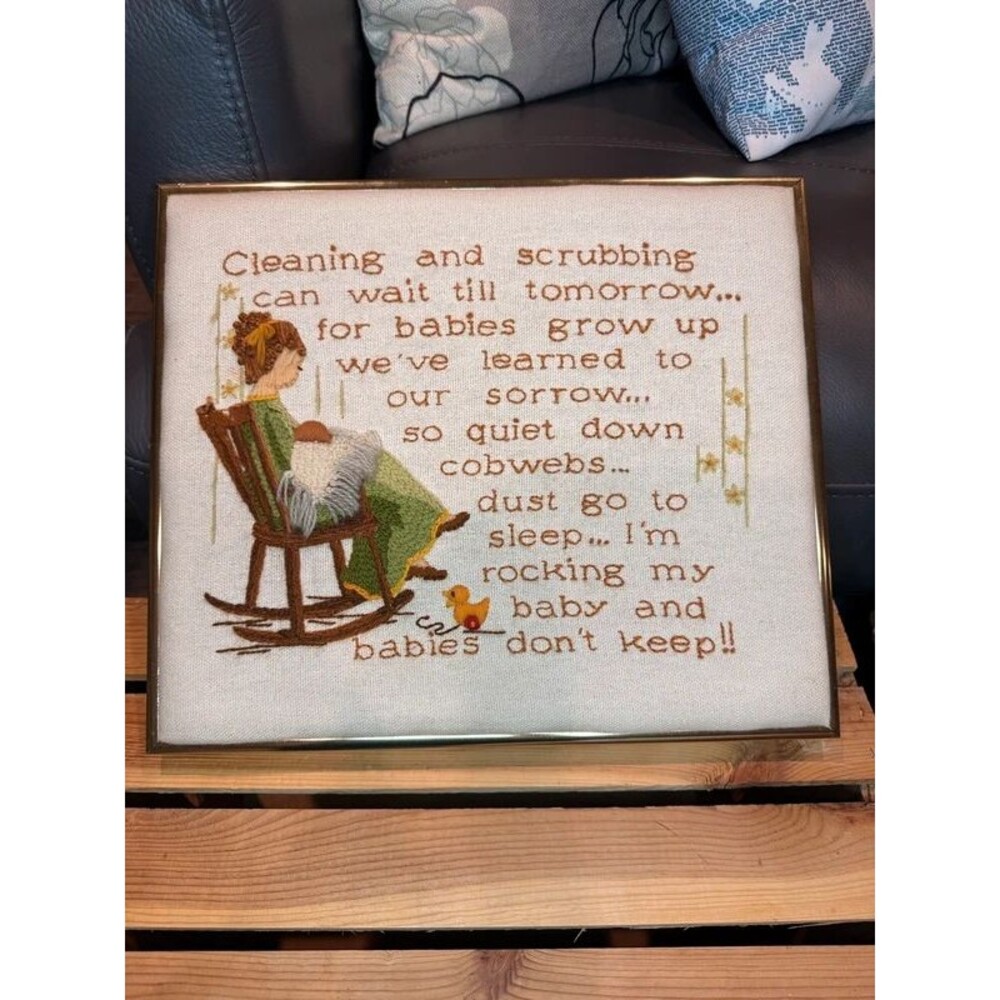 Vintage 1970s Crewel Embroidery Mother Baby Rocking Chair Framed Fiber Art